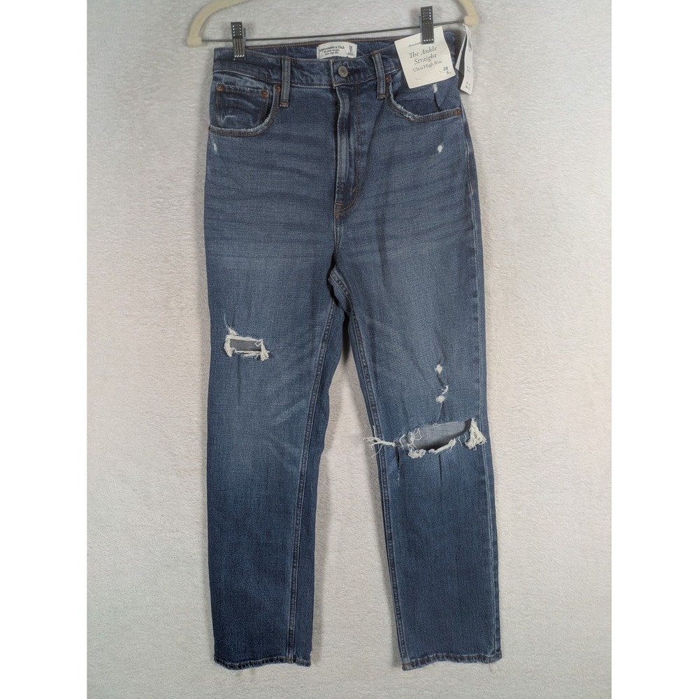 NEW Abercrombie & Fitch The Ankle Straight Jeans Women's 28/6L Blue Distressed